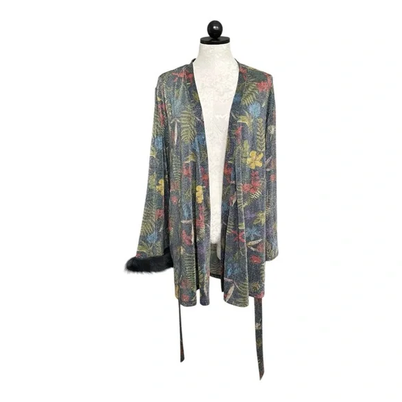 Savage X Fenty Trophy Wife Robe Metallic Island Print Sleeves Faux Fur Size M/L - Picture 7 of 16